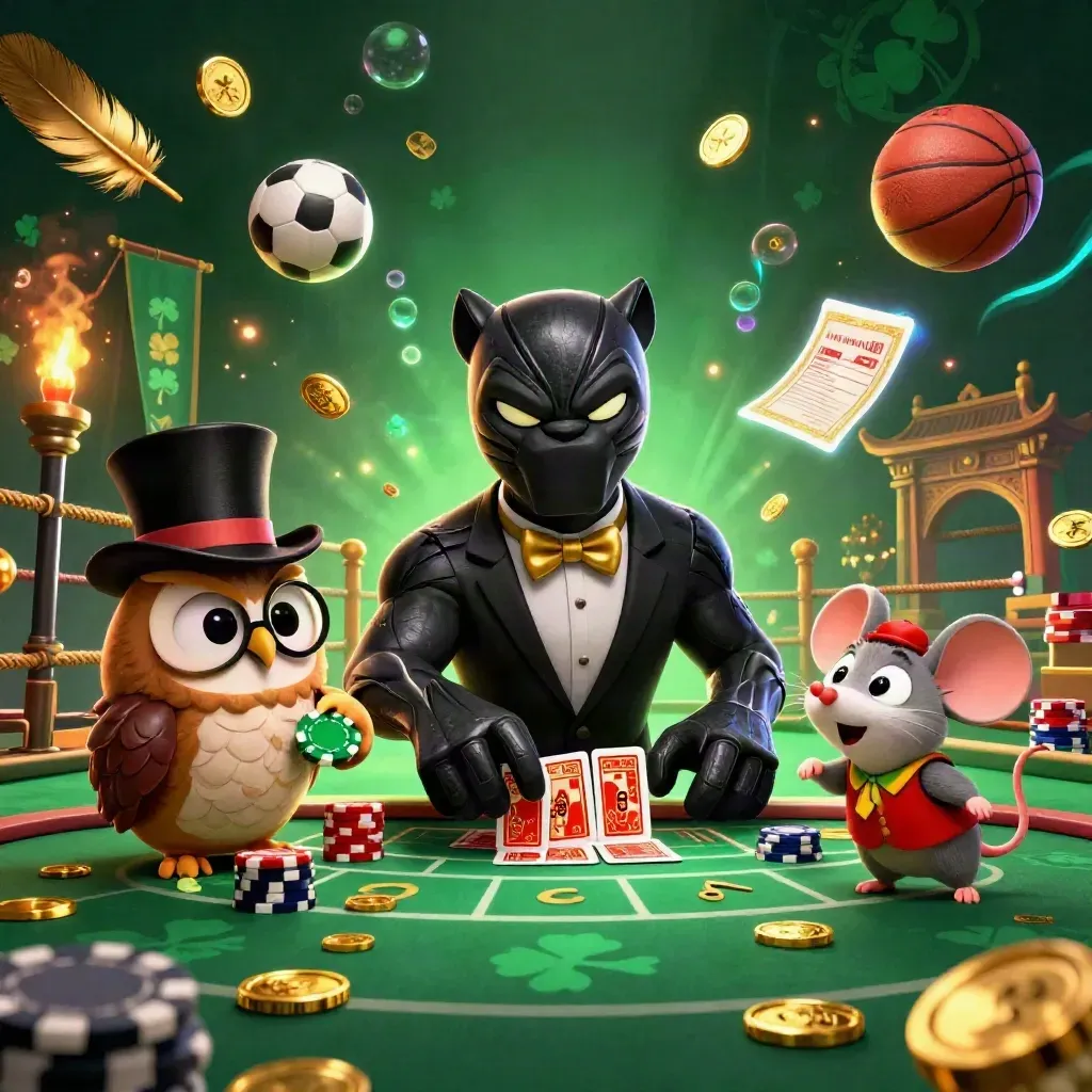 Panther dealer, owl, and mouse amid casino lights, coins, sports balls, and neon glow.
