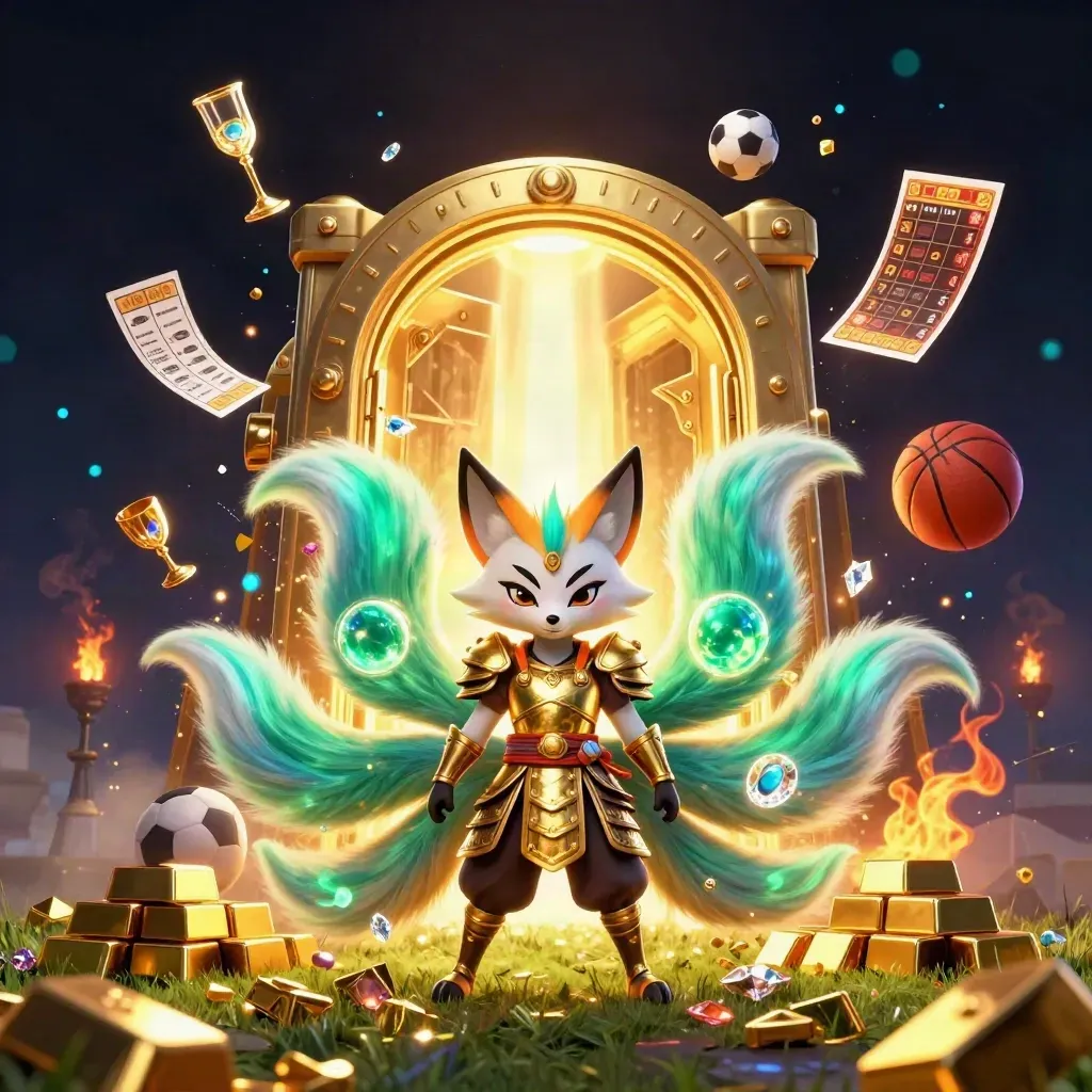 Fox spirit and samurai mouse amid a vault burst of gold, balls, and casino glow
