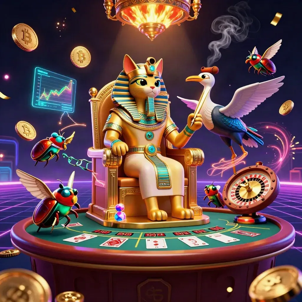 Pharaoh cat, ibis scribe and gem-wing scarabs amid neon casino coins and glow.