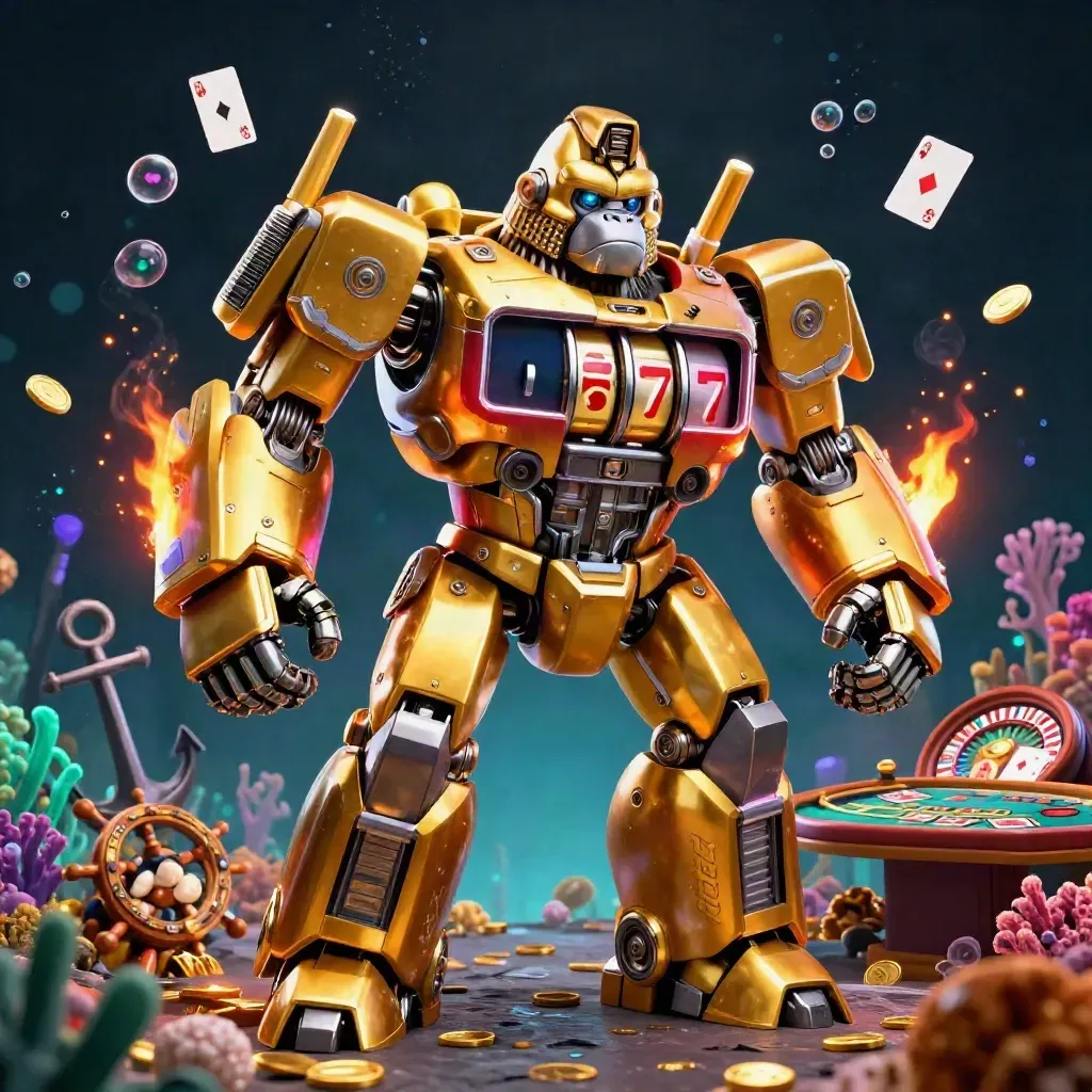 Golden gorilla mech with tiny monkey pilot amid treasure cove cards, coins, coral, and casino glow.