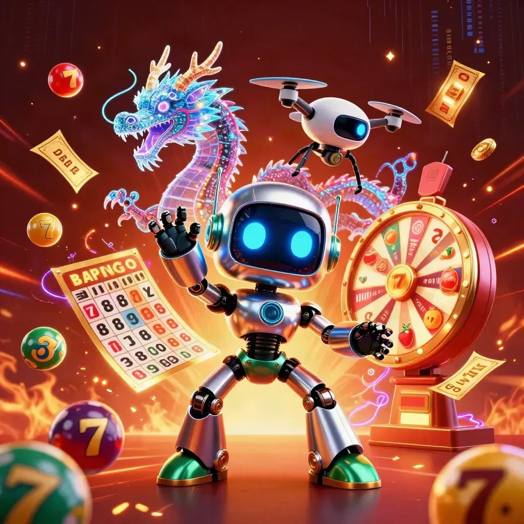 Cyberpunk robot, holographic dragon, and coin drone amid casino bursts, neon sparks, and dark embers.