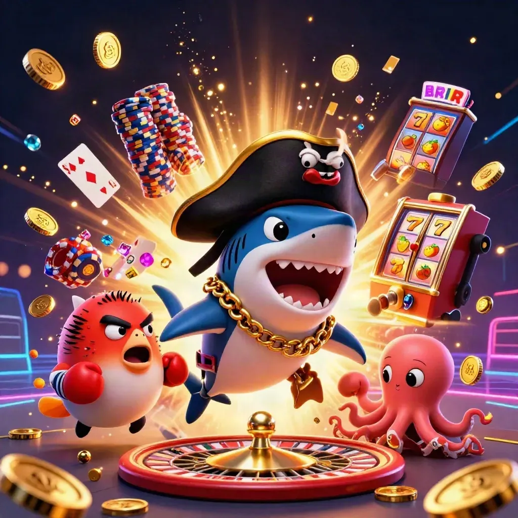 Pirate shark, boxing pufferfish, and coin-juggling octopus amid casino loot and neon glow.