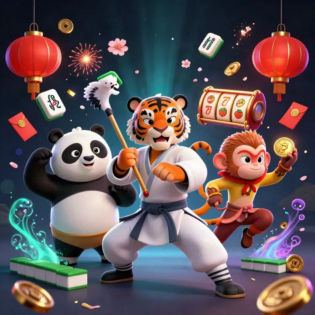 Kung-fu tiger, panda, and monkey amid casino treasures, lanterns, and neon effects.