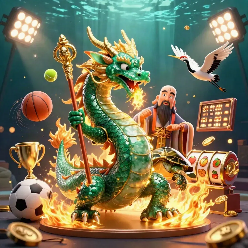 Emerald dragon, turtle sage, and cranes amid casino treasures, sports balls, and golden light.