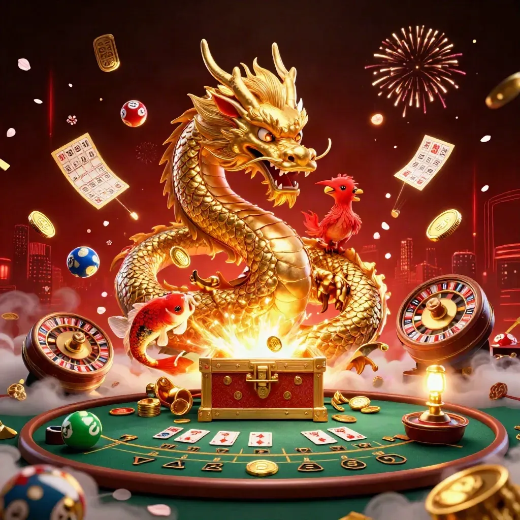 Golden dragon, phoenix, koi, coins, roulette and cards erupt in a luxe casino fireworks burst.