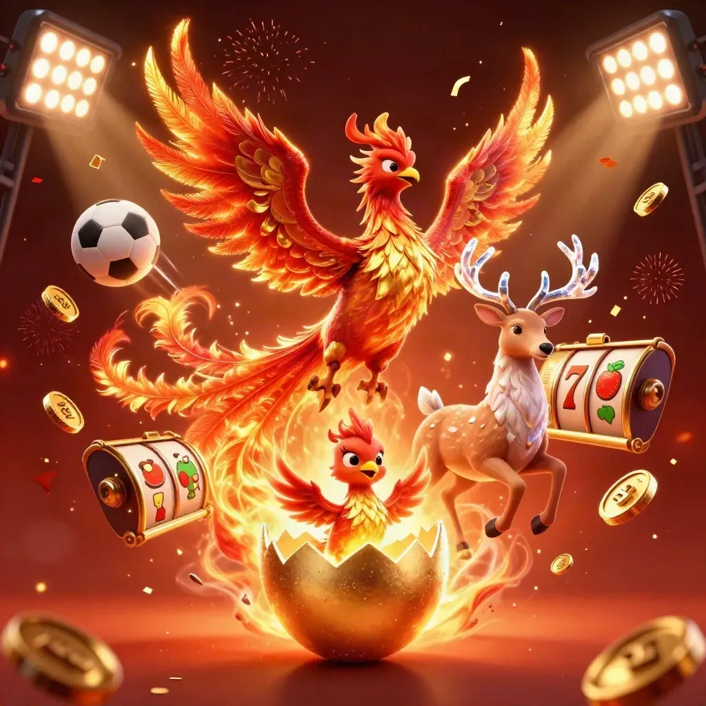 Phoenix, hatching baby phoenix, and crystalline stag amid casino reels, coins, trophies, and fiery effects.