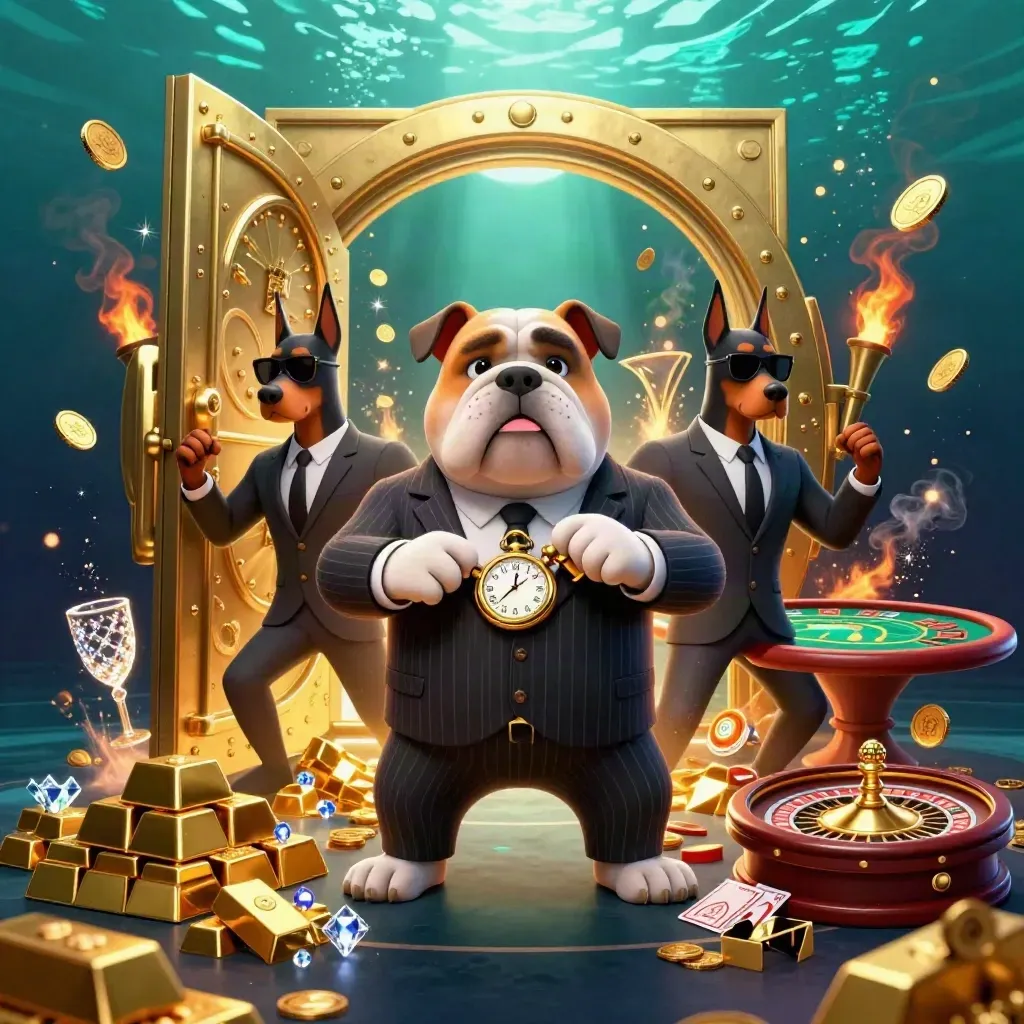 Bulldog boss and bodyguards burst from a vault amid coins, gems, and casino lights.