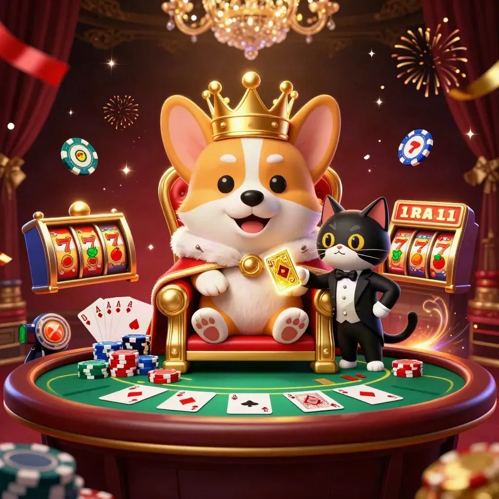 Royal corgi on poker-chip throne with cat butler, chips, cards, reels and casino sparkles.